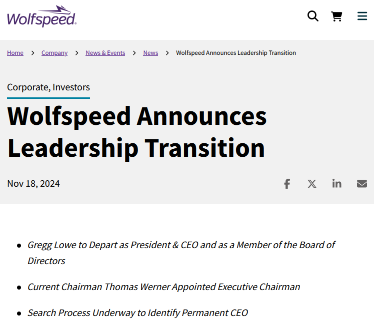Wolfspeed 罢免CEO Gregg Lowe,应对需求放缓(图1) Wolfspeed 罢免CEO Gregg Lowe,应对需求放缓(图1)