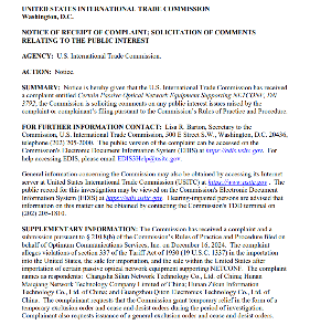 美国企业对特定无源光网络设备提起337调查,涉及4家中国企业(图1) 美国企业对特定无源光网络设备提起337调查,涉及4家中国企业(图1)