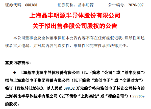 晶丰明源：拟398万元转让上海类比1.7778%股权(图1)