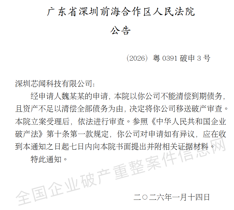 突发,广东一家传感器明星公司破产!深圳芯闻科技有限公司(图1) wKgZO2lx6pWAegLkAAHSzXc02bA455.png