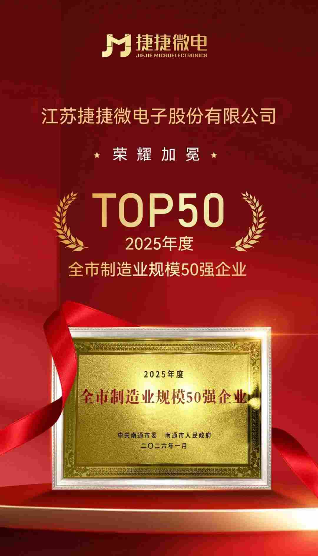 荣耀加冕 | 捷捷微电荣膺2025年度南通市制造业规模50强企业(图1) 567ecb72-f82f-11f0-8ce9-92fbcf53809c.jpg